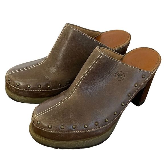 Dr. Martens Shoes - Dr Martens Una Brown Leather Chunky Heel Platform Clog Mule Shoe Sz 9